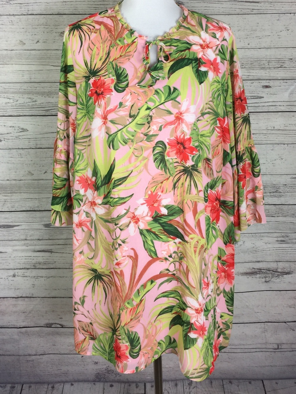 J. Jill Woman Plus Size 1X Tropical Floral Lined Chiffon 3/4 Sleeve Tunic Top